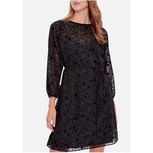 LOFT Black Star Burnout Sheer‎ Long Sleeve Cinched Waist A Line Dress XS